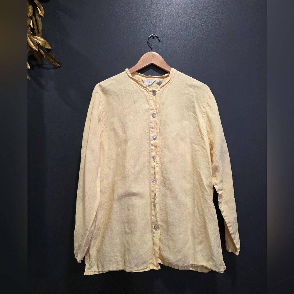 J. Jill Linen Mandarin Collar Long Sleeve Tunic Button Down Yellow Top Sz L